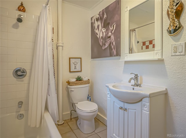 full bathroom with toilet, tile patterned flooring, shower / tub combo, crown molding, and vanity