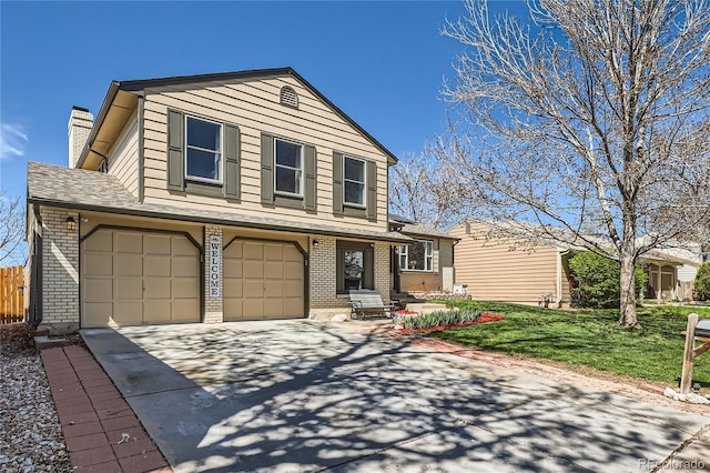 2023 S Rifle St, Aurora, CO 80013 - view of front of property featuring brick siding, driveway, an attached garage, and a chimney