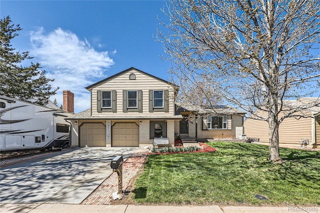 2023 S Rifle St, Aurora, CO 80013 - view of front facade with brick siding, concrete driveway, an attached garage, and a front yard