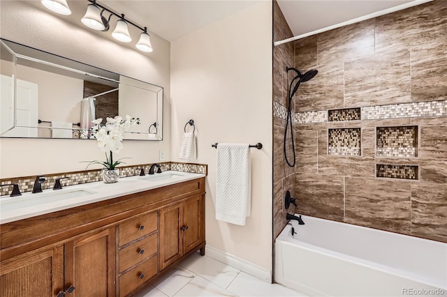 2023 S Rifle St, Aurora, CO 80013 - bathroom featuring marble look tile flooring, shower / bathtub combination with curtain, baseboards, double vanity, and tasteful backsplash