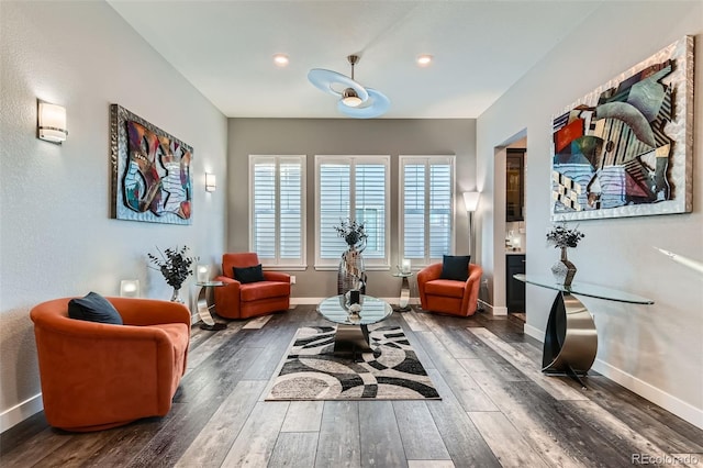 sitting room with dark wood-type flooring