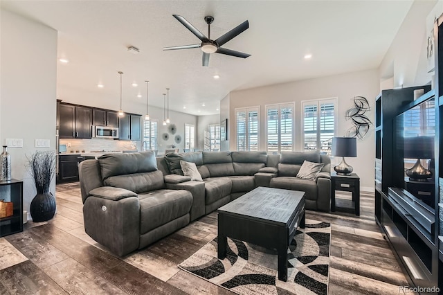 living room with ceiling fan and dark hardwood / wood-style floors