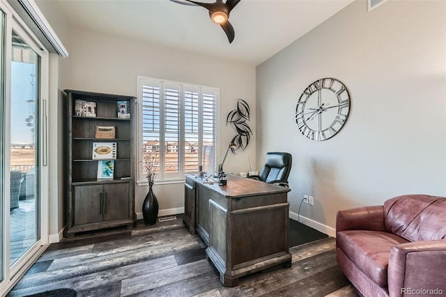 office area featuring ceiling fan and dark hardwood / wood-style floors