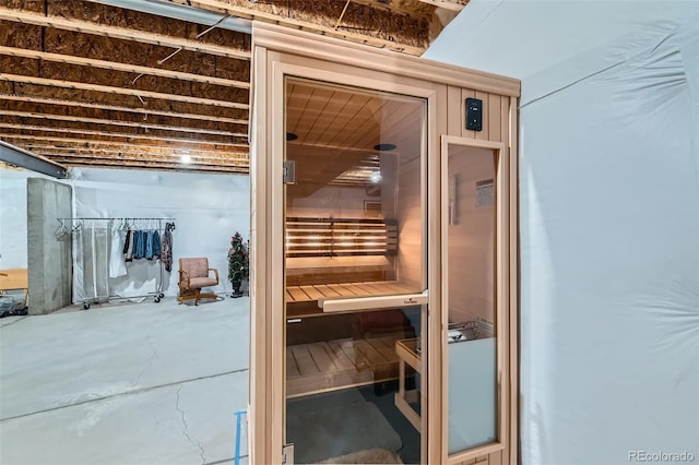 view of sauna / steam room with concrete flooring