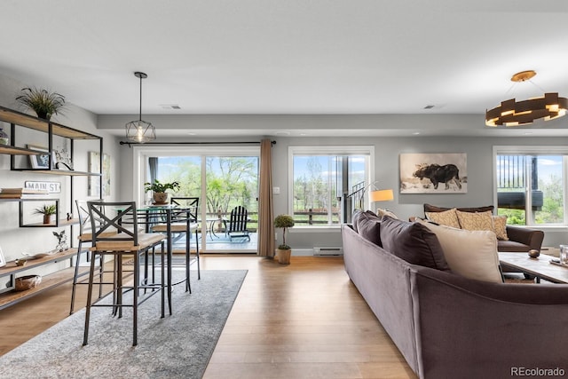 living room featuring wood finished floors and a baseboard heating unit