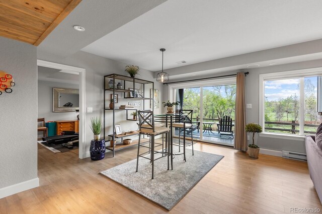 dining space with a baseboard heating unit, baseboards, and light wood-type flooring