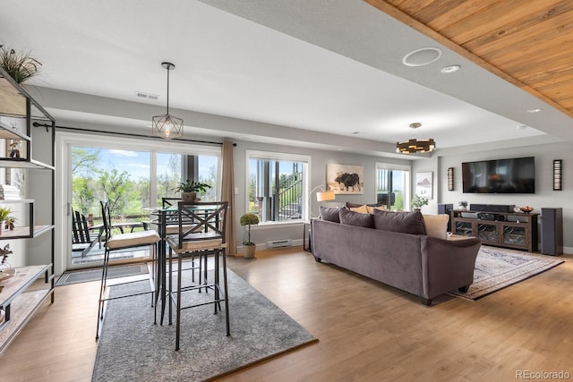 living area featuring wood finished floors, plenty of natural light, and a baseboard heating unit