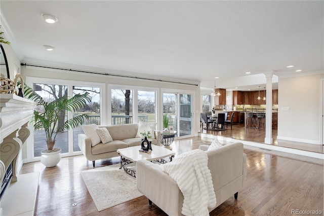 living room with crown molding, hardwood / wood-style floors, and decorative columns