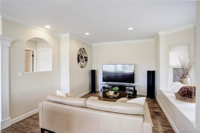 living room with ornamental molding and dark hardwood / wood-style flooring