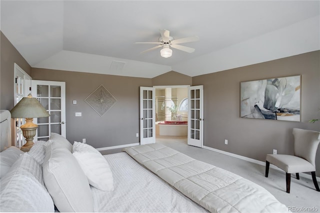 bedroom with lofted ceiling, ceiling fan, and french doors