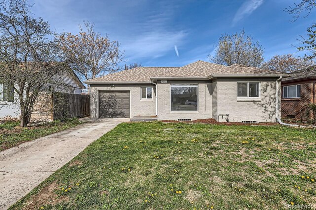 3075 Fairfax St, Denver, CO 80207 - view of front of house with a front lawn, concrete driveway, fence, brick siding, and an attached garage