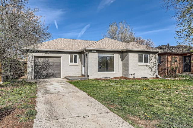 3075 Fairfax St, Denver, CO 80207 - single story home with roof with shingles, concrete driveway, brick siding, a garage, and a front yard