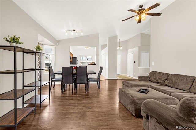 878 Candlestar Loop, Fountain, CO 80817 - dining space featuring high vaulted ceiling, a ceiling fan, and dark wood finished floors