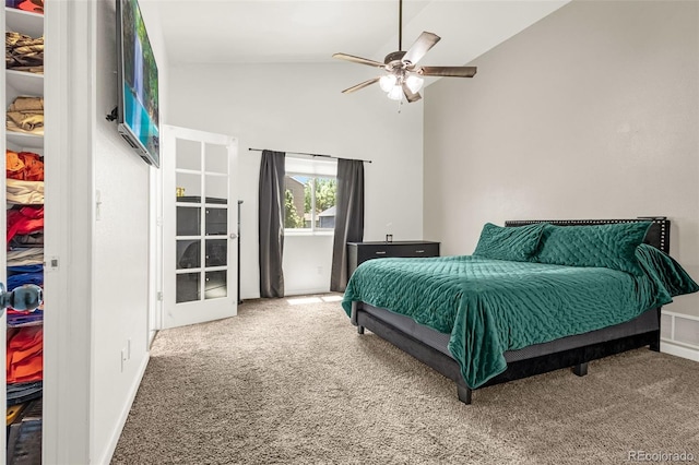 878 Candlestar Loop, Fountain, CO 80817 - bedroom featuring carpet, high vaulted ceiling, baseboards, and a ceiling fan