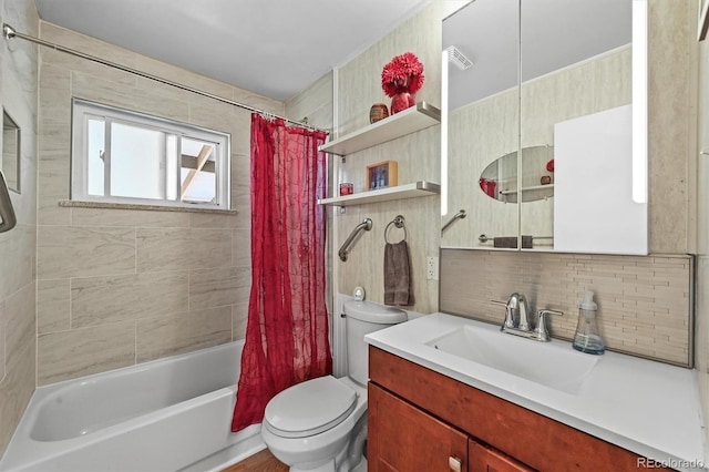 3306 S Logan St, Englewood, CO 80113 - bathroom with backsplash, vanity, and shower / tub combo with curtain