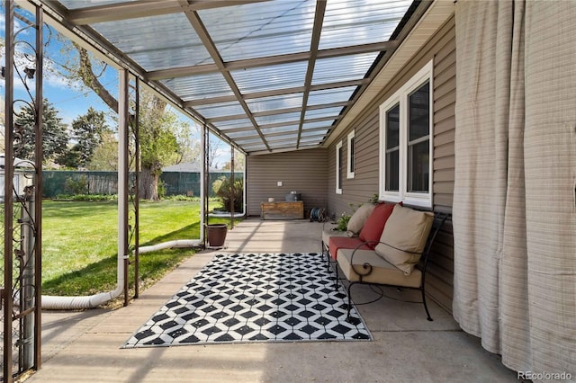 view of patio / terrace featuring a fenced backyard, a pergola, and an outdoor hangout area