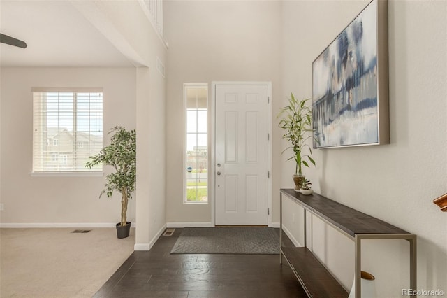 foyer entrance with plenty of natural light and dark hardwood / wood-style floors