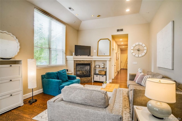 2479 S High St, Denver, CO 80210 - living room with wood finished floors, a fireplace, and recessed lighting