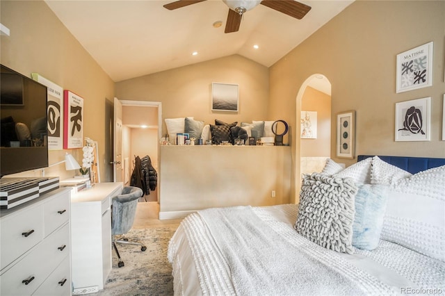 2479 S High St, Denver, CO 80210 - bedroom with vaulted ceiling, arched walkways, recessed lighting, and a ceiling fan