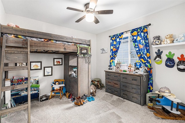 carpeted bedroom with ceiling fan