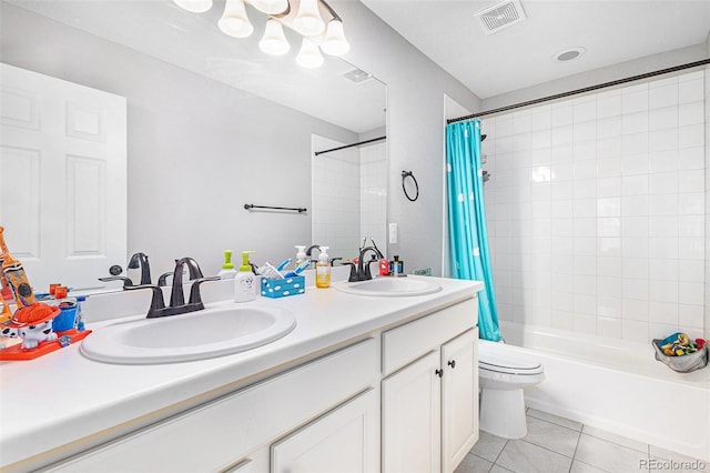 full bathroom with vanity, tile patterned floors, shower / bath combination with curtain, and toilet