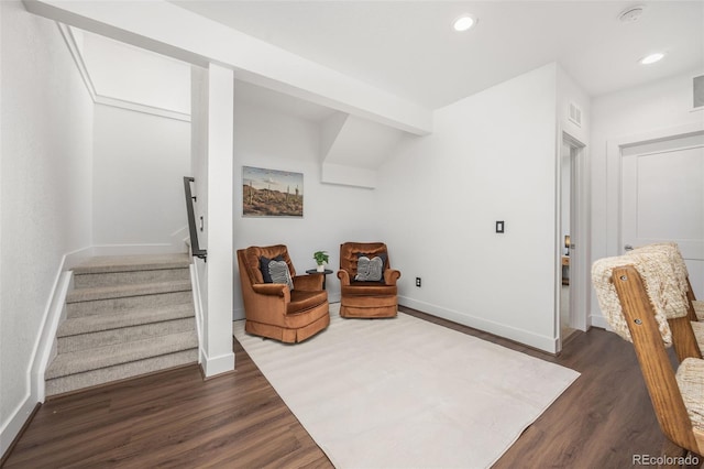 21482 E 60th Ave, Aurora, CO 80019 - sitting room with baseboards, dark wood finished floors, stairs, and recessed lighting
