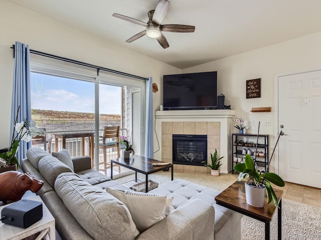 15700 E Jamison Dr Unit 7-203, Englewood, CO 80112 - tiled living area with ceiling fan and a tiled fireplace