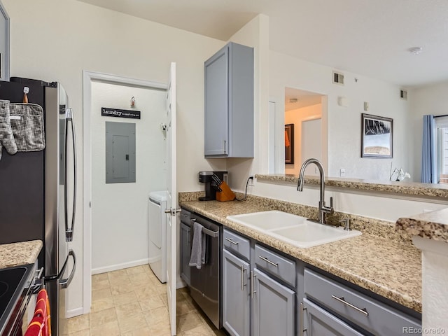 15700 E Jamison Dr Unit 7-203, Englewood, CO 80112 - kitchen featuring electric panel, gray cabinetry, and stainless steel appliances