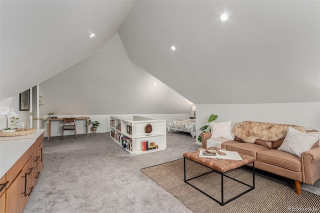 2719 W 32nd Ave, Denver, CO 80211 - living room featuring light colored carpet, lofted ceiling, and recessed lighting