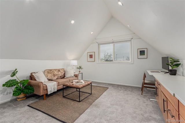 2719 W 32nd Ave, Denver, CO 80211 - living area featuring light colored carpet, lofted ceiling, a desk, and recessed lighting