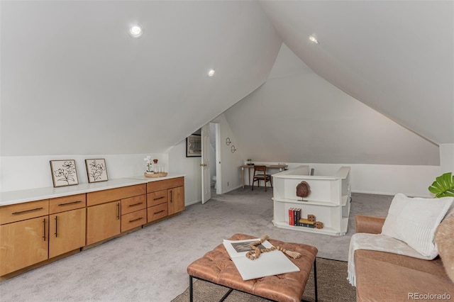 2719 W 32nd Ave, Denver, CO 80211 - living area featuring light colored carpet, lofted ceiling, and recessed lighting