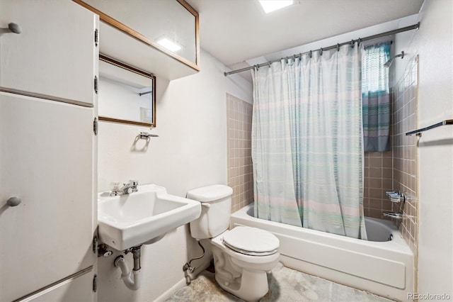 full bathroom with shower / bath combination with curtain, toilet, and sink