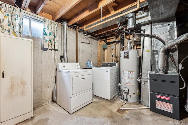 interior space with water heater, washing machine and dryer, and heating unit