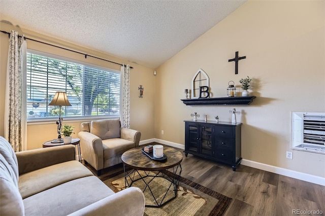 2251 W 135th Pl, Denver, CO 80234 - living area featuring vaulted ceiling, a textured ceiling, and wood finished floors