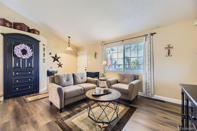 2251 W 135th Pl, Denver, CO 80234 - living area with dark wood-type flooring, lofted ceiling, and a textured ceiling