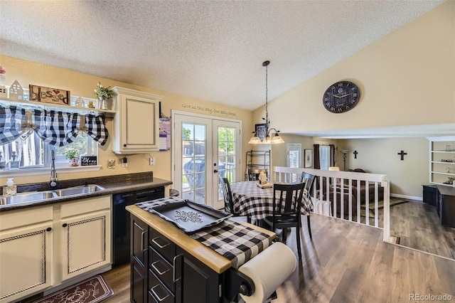 2251 W 135th Pl, Denver, CO 80234 - kitchen with a textured ceiling, dishwasher, dark cabinets, pendant lighting, and lofted ceiling