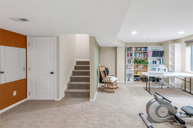 carpeted office featuring recessed lighting, baseboards, and visible vents
