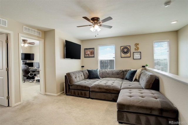 4316 S Netherland St, Aurora, CO 80015 - living room featuring an office area, ceiling fan, light colored carpet, and baseboards