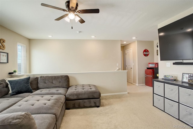 4316 S Netherland St, Aurora, CO 80015 - living room with light colored carpet, a ceiling fan, recessed lighting, and baseboards