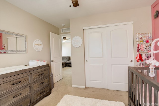 4316 S Netherland St, Aurora, CO 80015 - bedroom with light carpet, a closet, and a ceiling fan