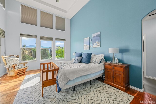 2373 S Joyce St, Denver, CO 80228 - bedroom featuring a high ceiling, baseboards, arched walkways, and wood finished floors