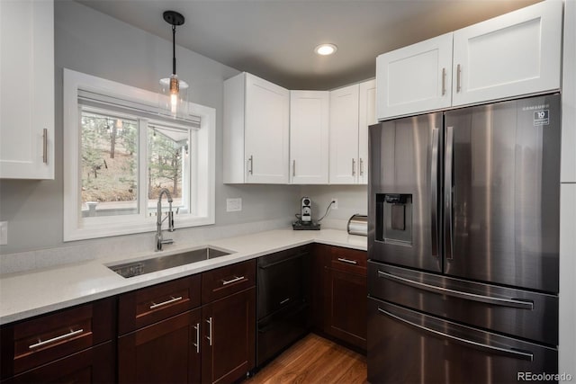 5382 S Pine Rd, Evergreen, CO 80439 - kitchen featuring stainless steel fridge with ice dispenser, a sink, dishwasher, light countertops, and recessed lighting