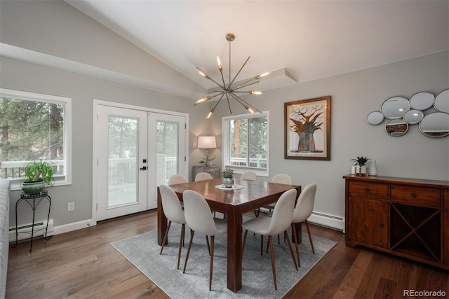 5382 S Pine Rd, Evergreen, CO 80439 - dining area featuring a baseboard radiator, a chandelier, plenty of natural light, french doors, and vaulted ceiling