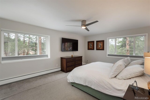 5382 S Pine Rd, Evergreen, CO 80439 - carpeted bedroom with a baseboard radiator and ceiling fan