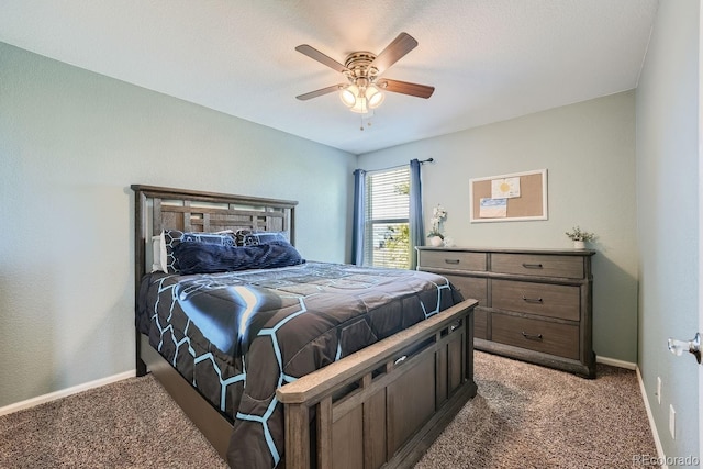 bedroom featuring carpet flooring, ceiling fan, and baseboards