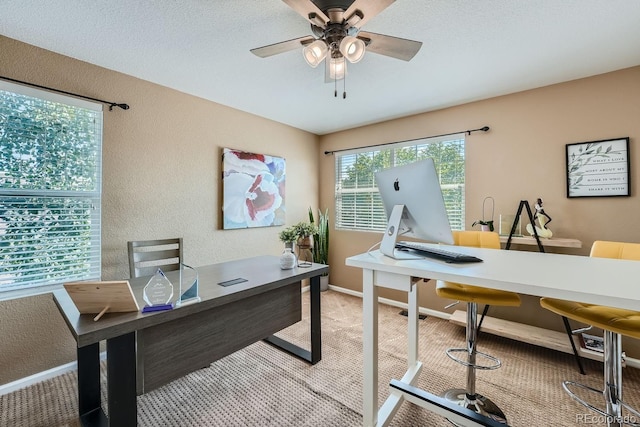 office space with light carpet, a ceiling fan, a textured ceiling, baseboards, and a textured wall