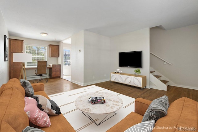 2872 Jasmine St, Denver, CO 80207 - living room with wood finished floors, stairway, and baseboards