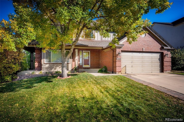 view of front facade featuring brick siding, a garage, concrete driveway, and a front yard