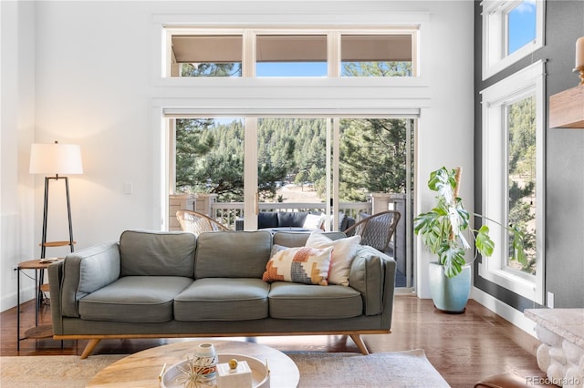 living area featuring a high ceiling, wood finished floors, and baseboards