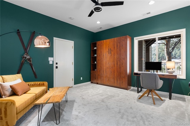 office with visible vents, ceiling fan, baseboards, carpet floors, and recessed lighting